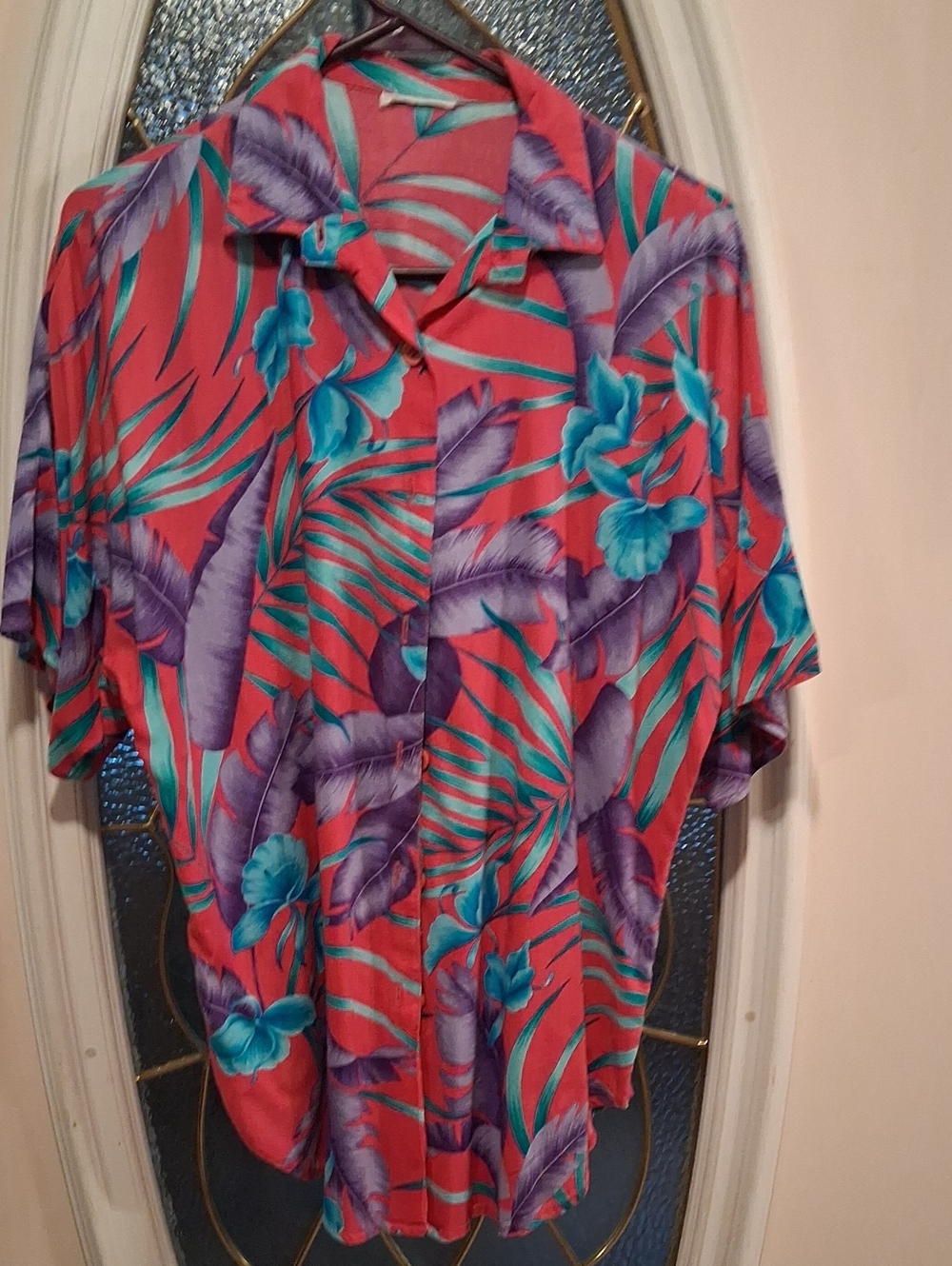 Unisex Tropical Print Short-Sleeve Shirt - Coral with Teal & Purple